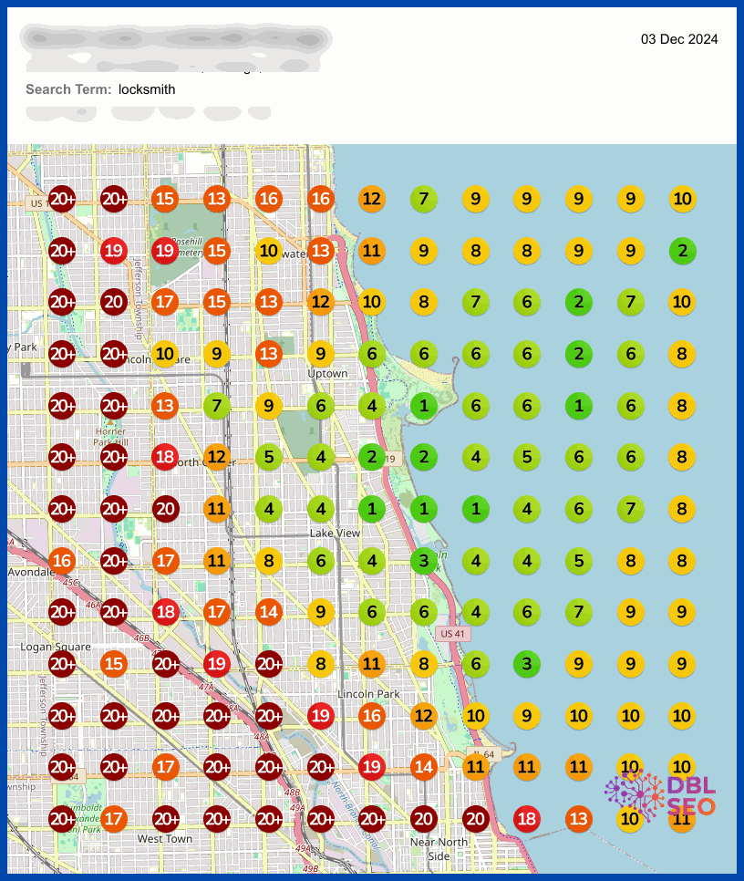 Local grid map animation showing dramatic improvement in locksmith keyword rankings across service area over time